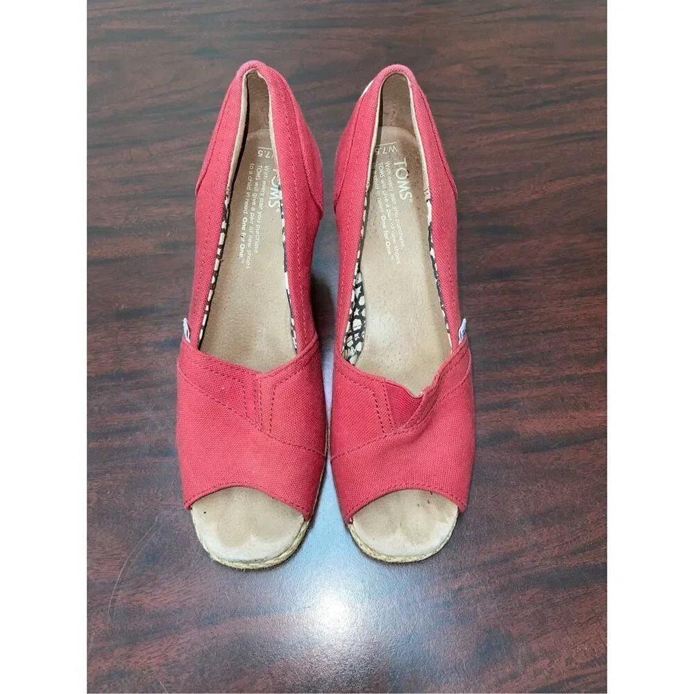 Toms Red Wedge Open Toe Sandals Size 7.5